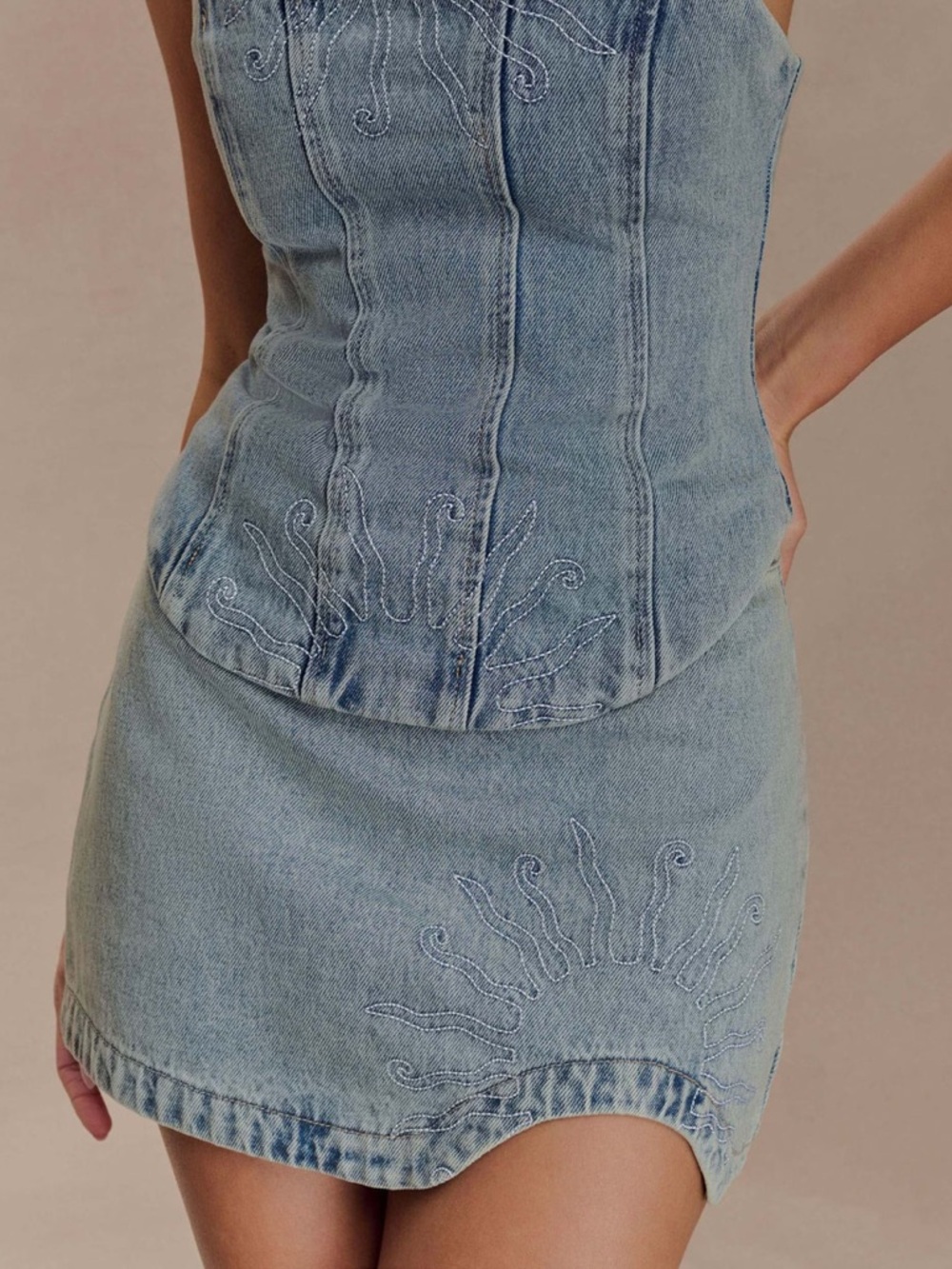 Meshki Light Vintage Denim Embroidered Mini Skirt